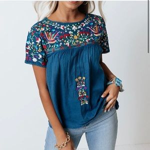 New with Tags Blue Fiesta Embroidered Top